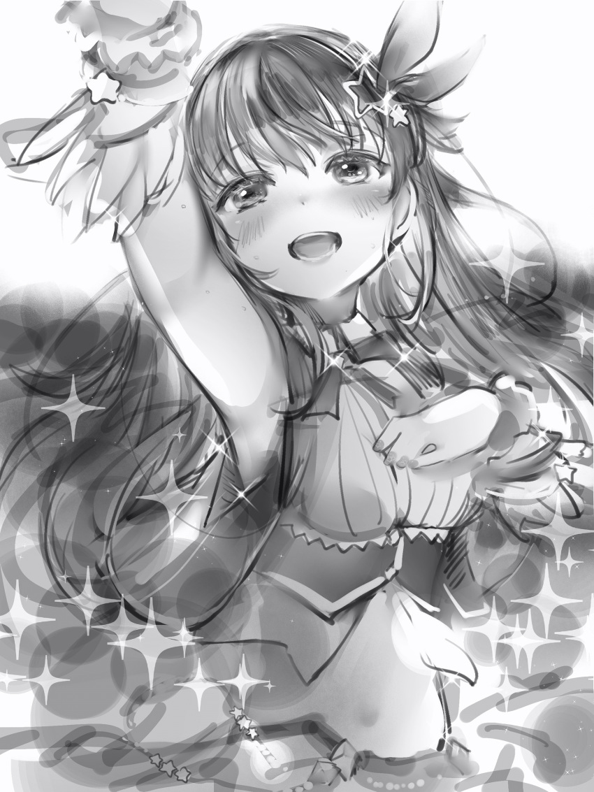 1girl :d bad_id bad_twitter_id blush eyebrows_visible_through_hair fingernails greyscale hair_ornament hand_up highres hololive idol long_hair looking_at_viewer monochrome nanashi_(nlo74593630) open_mouth smile solo star_(symbol) star_hair_ornament tokino_sora upper_body vest