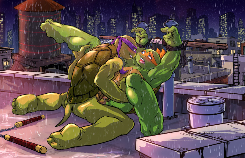 anal anal_penetration anthro bdsm biceps big_muscles blue_eyes blush bondage bound brother brothers city cityscape clothing detailed_background donatello_(tmnt) duo erection genitals green_body green_skin hand_on_leg hand_on_thigh hi_res incest_(lore) male male/male male_penetrated male_penetrating male_penetrating_male mask michelangelo_(tmnt) muscular muscular_anthro muscular_male open_mouth outside penetration penis plastron raining reptile rooftop scalie sex shell sibling sky smile technical_incest teenage_mutant_ninja_turtles teeth tongue turtle