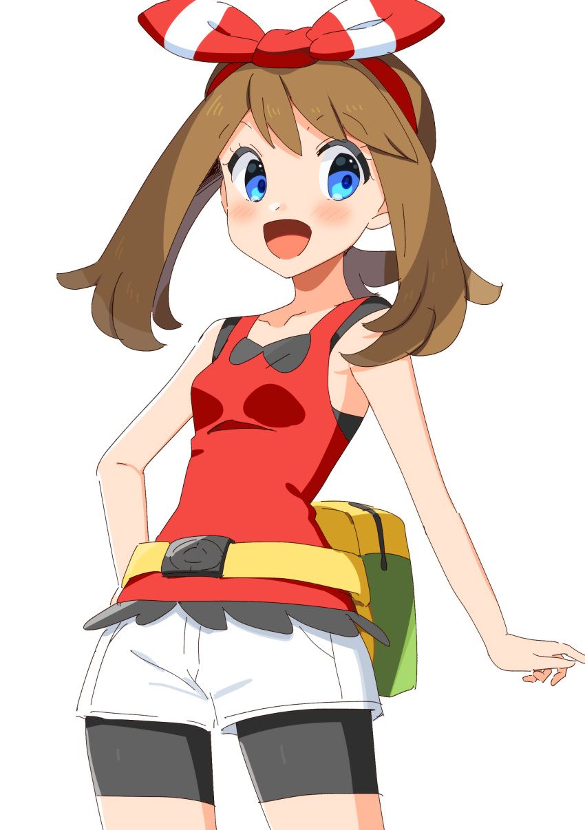 1girl :d absurdres bangs bike_shorts black_shorts blue_eyes blush bow breasts brown_hair collarbone contrapposto cowboy_shot hair_bow hairband hand_on_hip haruka_(pokemon) highres long_hair open_mouth pokemon pokemon_(game) pokemon_oras red_hairband red_shirt shiny shiny_hair shirt short_shorts shorts shorts_under_shorts simple_background sleeveless sleeveless_shirt small_breasts smile solo standing striped striped_bow twintails white_background white_shorts yuihiko