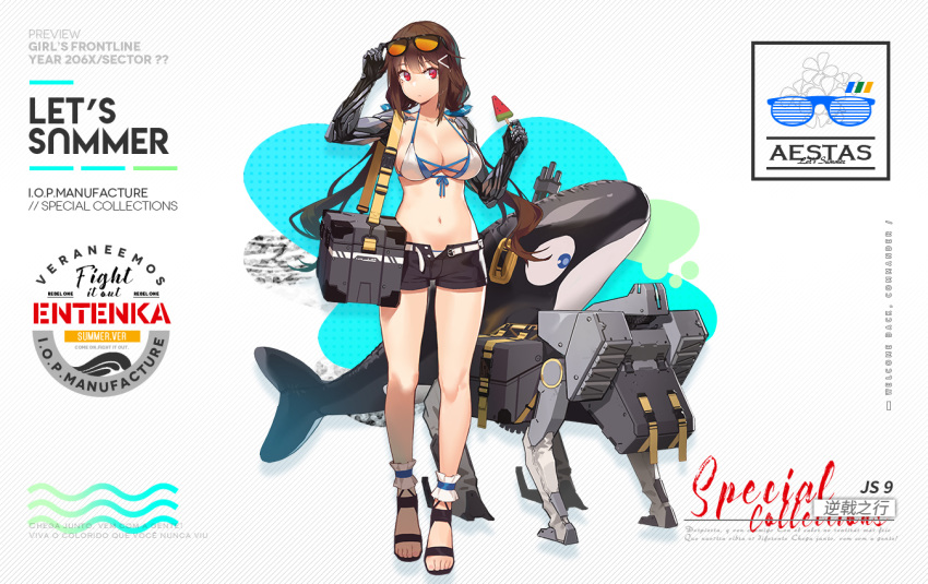 1girl adjusting_eyewear arm_up bikini breasts brown_hair cleavage cyborg eyewear_on_head fangdan_runiu food front-tie_bikini front-tie_top full_body girls_frontline inflatable_orca inflatable_toy js_9_(girls_frontline) large_breasts long_hair low_twintails mechanical_arms mole mole_under_eye navel official_art open_pants popsicle red_eyes sandals short_shorts shorts solo standing sunglasses swimsuit twintails watermelon_bar white_bikini