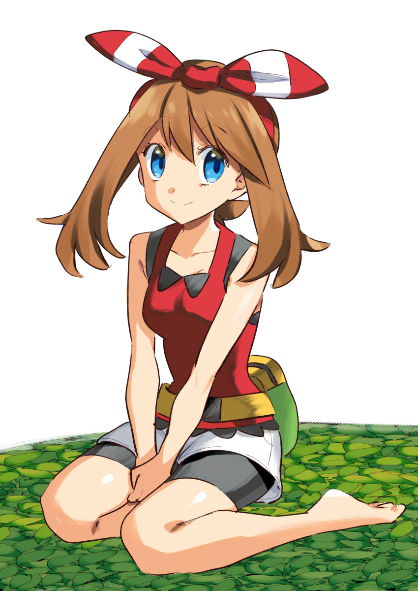 1girl absurdres bangs barefoot bike_shorts black_shorts blue_eyes bow breasts brown_hair closed_mouth collarbone eyebrows_visible_through_hair hair_between_eyes hair_ribbon hairband haruka_(pokemon) highres long_hair looking_at_viewer medium_breasts pokemon pokemon_(game) pokemon_oras red_hairband red_ribbon red_shirt ribbon shiny shiny_hair shirt short_shorts shorts shorts_under_shorts simple_background sitting sleeveless sleeveless_shirt smile soles solo striped striped_ribbon white_background white_shorts yuihiko