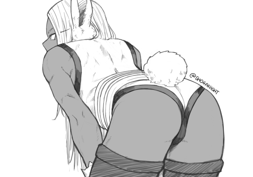 10:7 2020 animal_humanoid bent_over butt clothed clothing dark_skin female hi_res humanoid lagomorph lagomorph_humanoid legwear leotard leporid_humanoid mammal mammal_humanoid miruko monochrome my_hero_academia rabbit_humanoid rear_view shoganight sketch solo thigh_highs