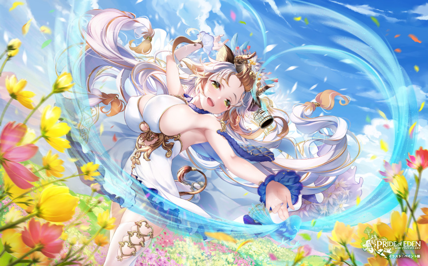 1girl animal_ears bird birdcage bostaurus_(pride_of_eden) breasts cage copyright_name dress field flower flower_field forehead hair_flower hair_ornament highres horns jewelry large_breasts long_hair multicolored_hair no_panties official_art open_mouth outdoors paint_musume petals pride_of_eden sideboob sky solo tail thighhighs yellow_eyes