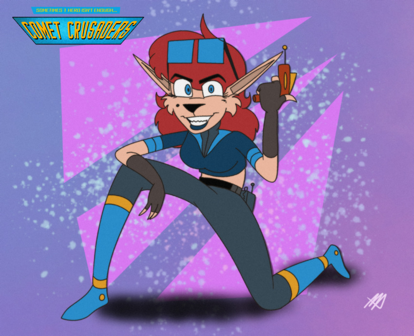 alien anthro blue_eyes blue_lips boots clothing felid feline female fingerless_gloves footwear gloves hair handwear hi_res laser_gun lips lipstick makeup mammal marc_acrylic ranged_weapon red_hair science_fiction sharp_teeth solo teeth weapon