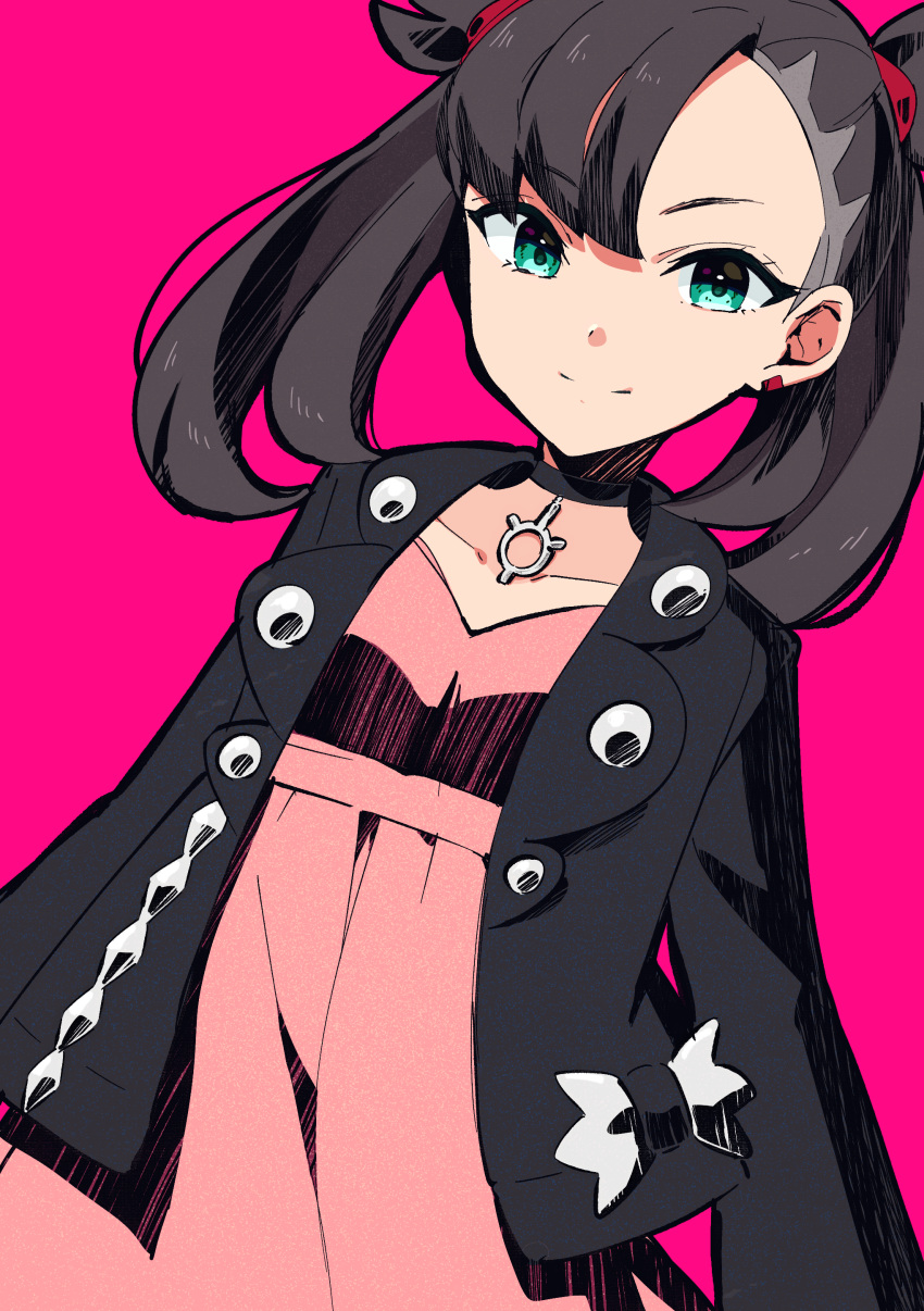 1girl absurdres asymmetrical_bangs bangs black_choker black_jacket brown_hair choker closed_mouth green_eyes high-waist_skirt highres jacket long_hair long_sleeves looking_at_viewer mary_(pokemon) open_clothes open_jacket pink_background pink_shirt pink_skirt pokemon pokemon_(game) pokemon_swsh shiny shiny_hair shirt skirt smile solo standing yuihiko
