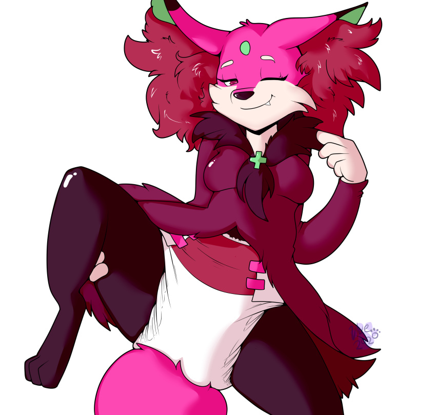 2020 absurd_res anthro breasts delphox diaper ear_tuft fan_character fangs fur hand_on_leg hi_res maynara multicolored_body multicolored_fur nintendo one_eye_closed pok&eacute;mon pok&eacute;mon_(species) red_eyes simple_background smile solo spread_legs spreading tuft video_games white_background