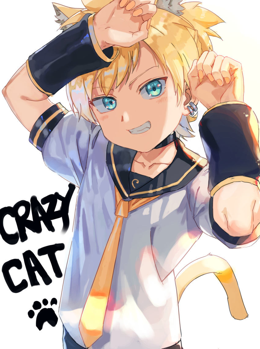 1boy absurdres animal_ears arm_warmers black_collar black_sleeves blonde_hair blue_eyes cat_ears cat_tail claw_pose collar earrings english_text grin hands_up highres jewelry kagamine_len looking_at_viewer male_focus nail_polish necktie paws sailor_collar school_uniform shirt short_sleeves sidelighting smile spiked_hair tail ultimate_asuka upper_body vocaloid white_background white_shirt yellow_nails yellow_neckwear