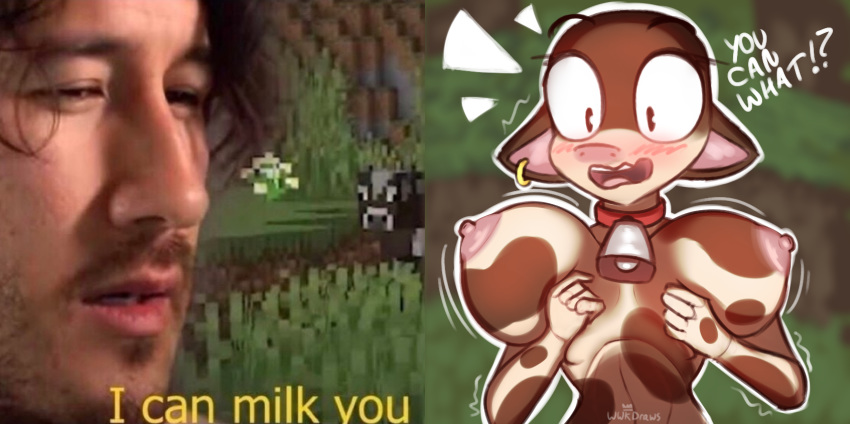 anthro big_breasts blush bovid bovine breasts cattle conditional_dnp fur hi_res mammal markiplier meme minecraft nipples simple_background video_games wizardlywalrusking