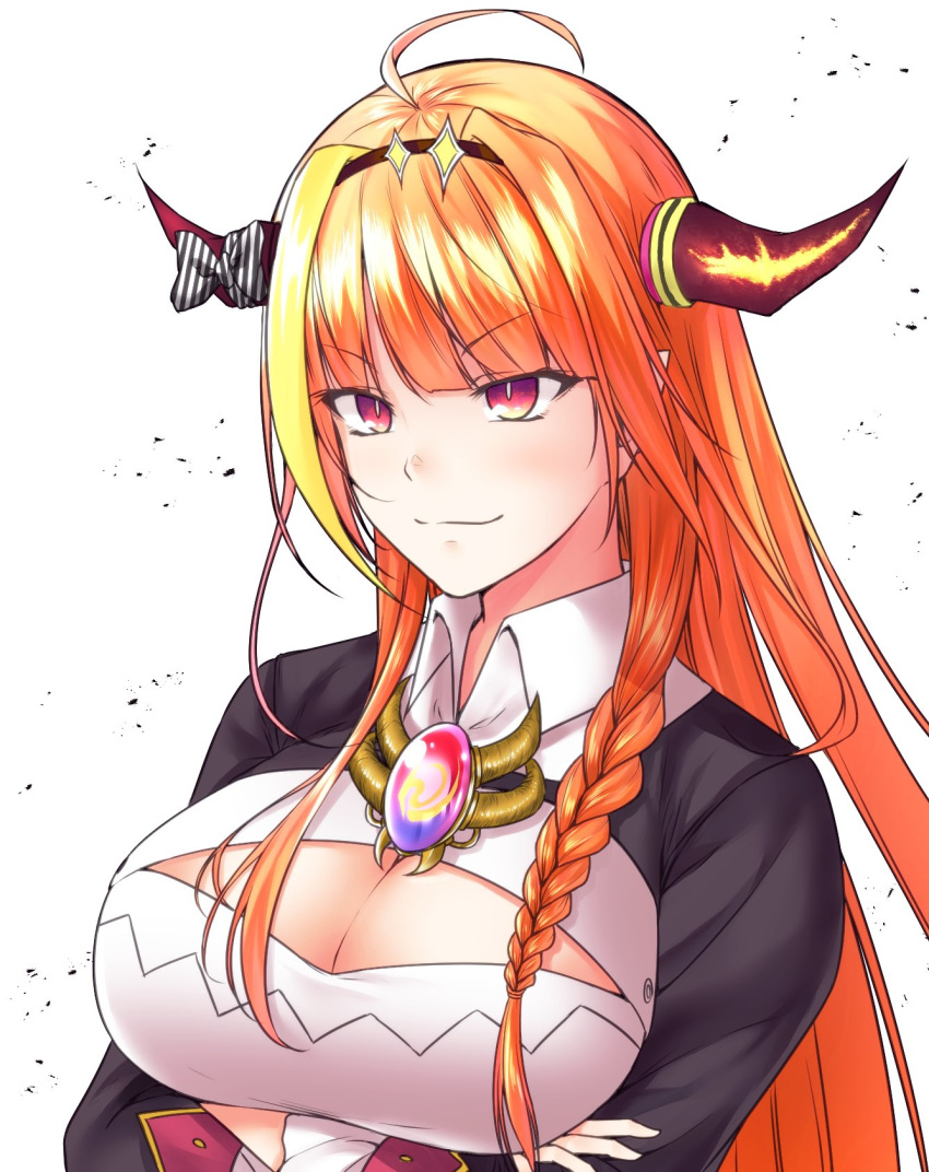 1girl ahoge amatlas bow breast_hold breasts cleavage crossed_arms diagonal-striped_bow dragon_girl dragon_horns highres hololive horn_bow horns kiryuu_coco large_breasts long_hair multicolored_hair orange_hair purple_eyes smile smug solo streaked_hair tail upper_body virtual_youtuber
