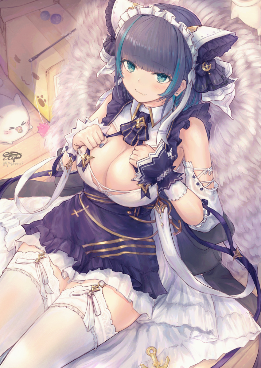 1girl absurdres anchor aqua_eyes azur_lane bangs black_hair blue_eyes blunt_bangs breasts cheshire_(azur_lane) cleavage closed_mouth commentary_request earrings eicam eyebrows_visible_through_hair fang highres jewelry large_breasts looking_at_viewer maid_headdress multicolored_hair short_hair signature sitting streaked_hair thighhighs twitter_username wavy_mouth white_legwear wrist_cuffs