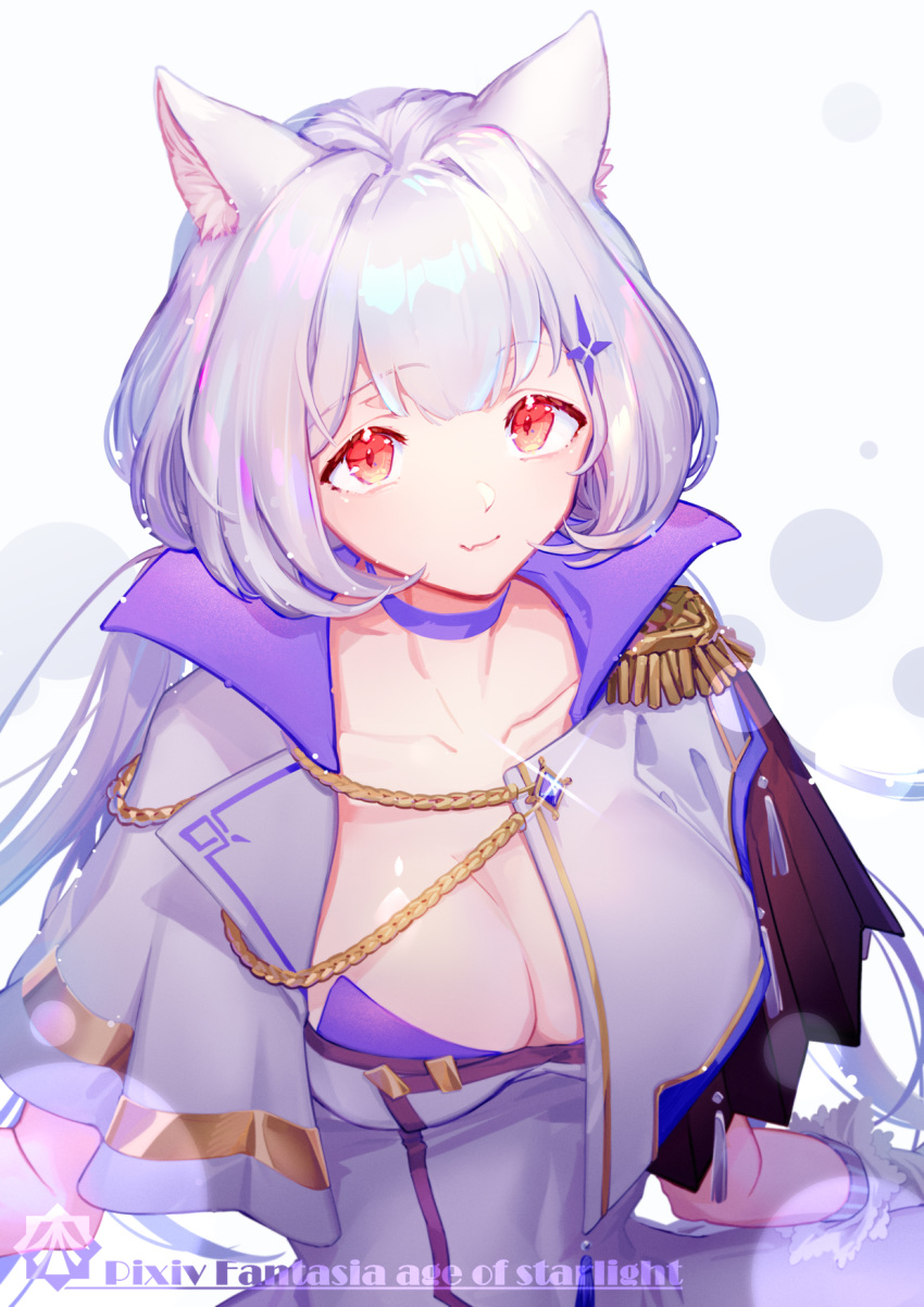 1girl animal_ears breasts cat_ears choker cleavage copyright_name epaulettes hair_ornament highres lingxia looking_at_viewer pixiv_fantasia pixiv_fantasia_age_of_starlight purple_choker red_eyes silver_hair simple_background upper_body white_background