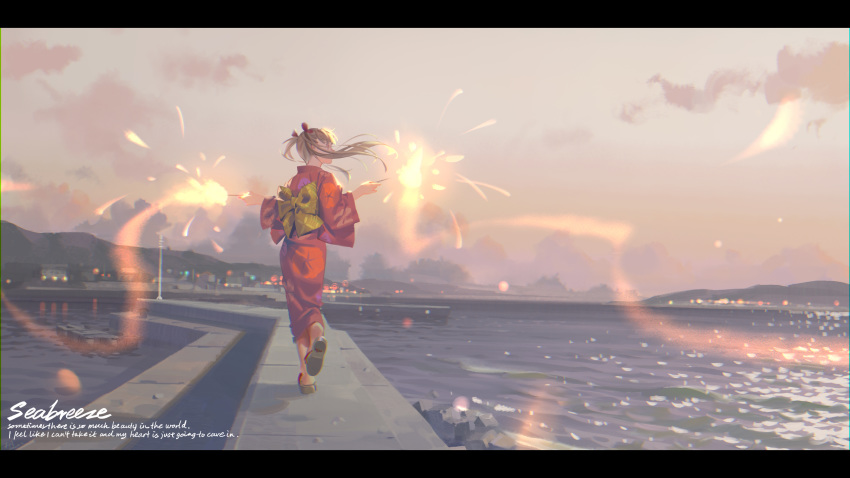 1girl absurdres alphonse_(white_datura) brown_hair cloud dusk fireworks from_behind hair_ribbon highres japanese_clothes kimono long_hair looking_to_the_side obi ocean original outdoors red_kimono ribbon running sandals sash scenery sky solo sparkler twintails yukata