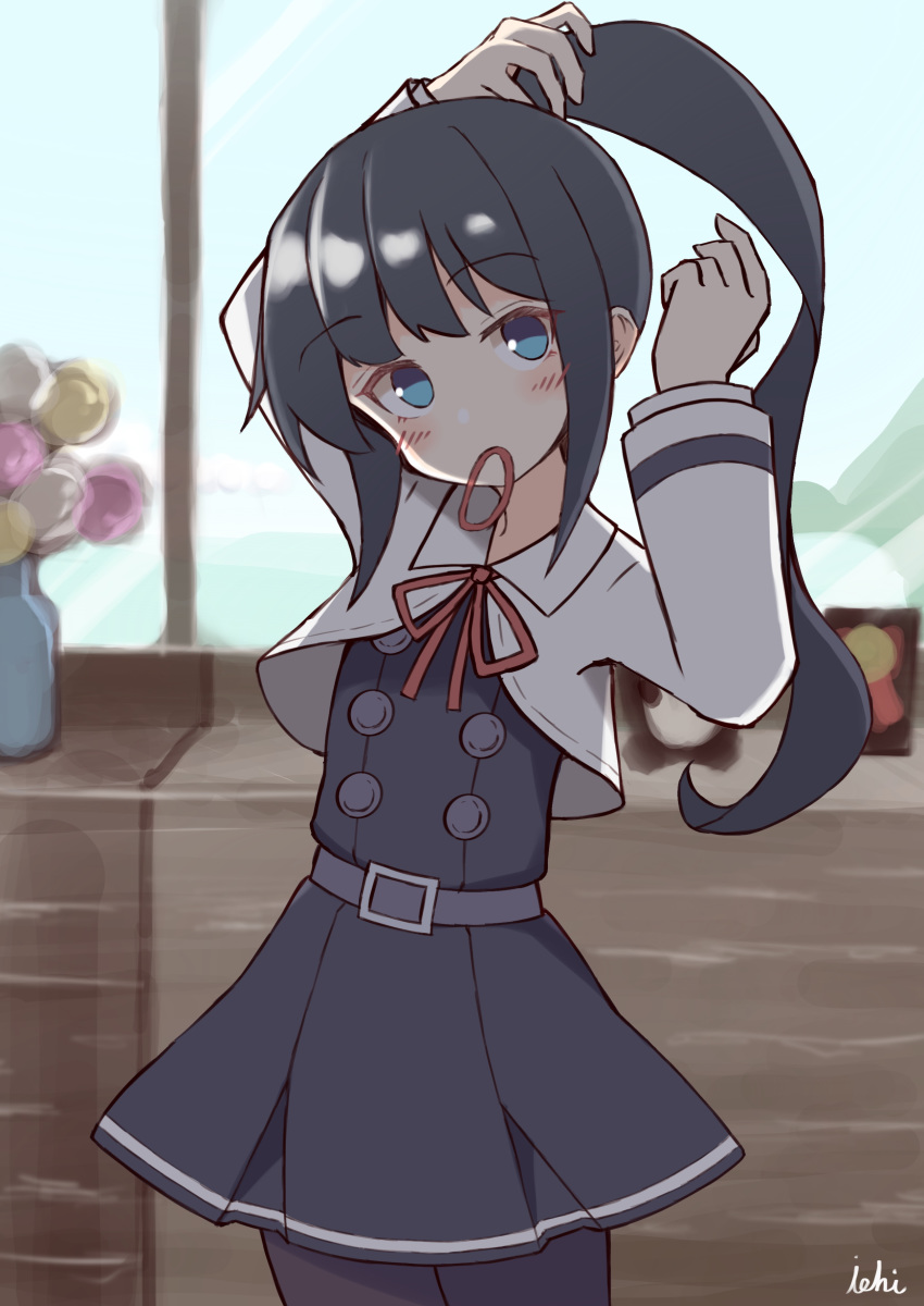 1girl absurdres arms_up asashio_(kantai_collection) bangs black_dress black_hair black_legwear blue_eyes blurry blurry_background blush commentary_request depth_of_field dress eyebrows_visible_through_hair flower hair_tie hair_tie_in_mouth head_tilt high_ponytail highres ichi jacket kantai_collection long_hair long_sleeves mouth_hold neck_ribbon pantyhose pinafore_dress pink_flower pleated_dress ponytail red_ribbon remodel_(kantai_collection) ribbon signature solo vase very_long_hair white_flower white_jacket yellow_flower