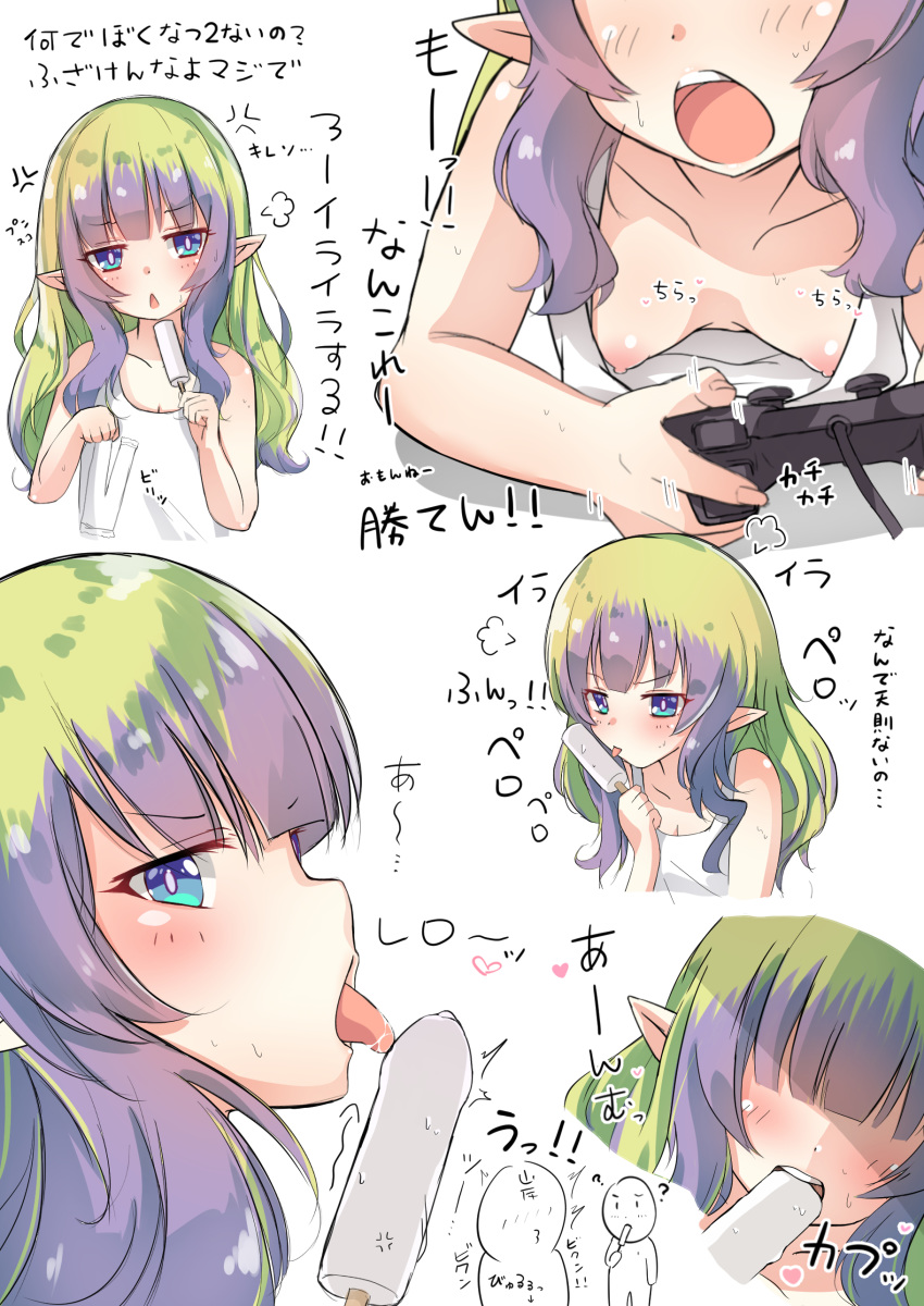 1girl ? absurdres ames aono_(f_i_s) bare_arms bare_shoulders breasts cleavage collarbone commentary_request controller cropped_torso dress faceless faceless_female food game_controller green_hair highres holding holding_food ice_cream licking long_hair multicolored_hair multiple_views nipple_slip nipples playstation_controller pointy_ears princess_connect! princess_connect!_re:dive purple_hair simple_background sleeveless sleeveless_dress small_breasts translation_request two-tone_hair white_background white_dress