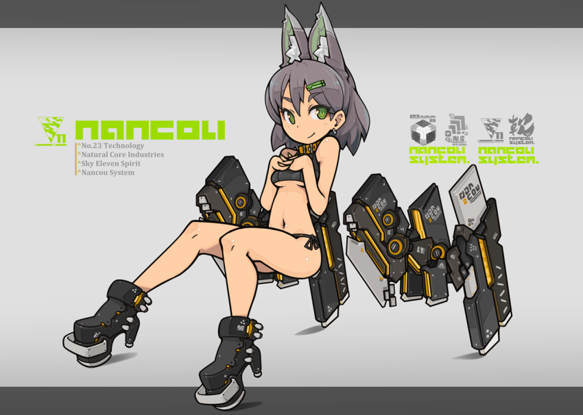 1girl animal_ear_fluff animal_ears bangs bikini bikini_bottom breasts collar crop_top earrings english_text eyebrows_visible_through_hair green_eyes grey_background grey_hair hair_ornament hairclip hands_clasped high_heels invisible_chair jewelry looking_at_viewer lying nancou_(nankou) original own_hands_together short_hair side-tie_bikini sitting small_breasts smile solo swimsuit two-tone_background underboob