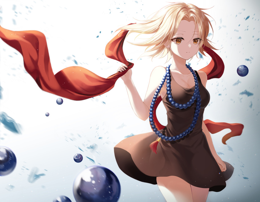 1girl alternate_costume bangs bare_shoulders black_dress blonde_hair breasts brown_eyes cleavage commentary_request dress heeri highres holding_scarf jewelry kyouyama_anna large_breasts necklace red_scarf scarf shaman_king short_hair sleeveless sleeveless_dress solo