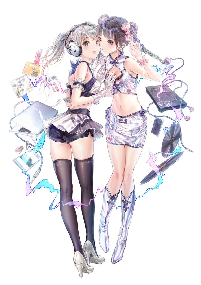 2girls arm_strap black_eyes black_hair black_legwear boots braid breasts can cellphone commentary_request computer crop_top digital_media_player dj double_bun earrings full_body gloves green_eyes grey_hair headphones high_heels highres jewelry kishida_mel knee_boots laptop long_hair looking_at_viewer medium_breasts midriff miniskirt multiple_girls navel original phone phonograph record scrunchie short_shorts shorts skindentation skirt sleeveless small_breasts smartphone thighhighs turntable twin_braids twintails white_background white_footwear white_gloves wrist_scrunchie