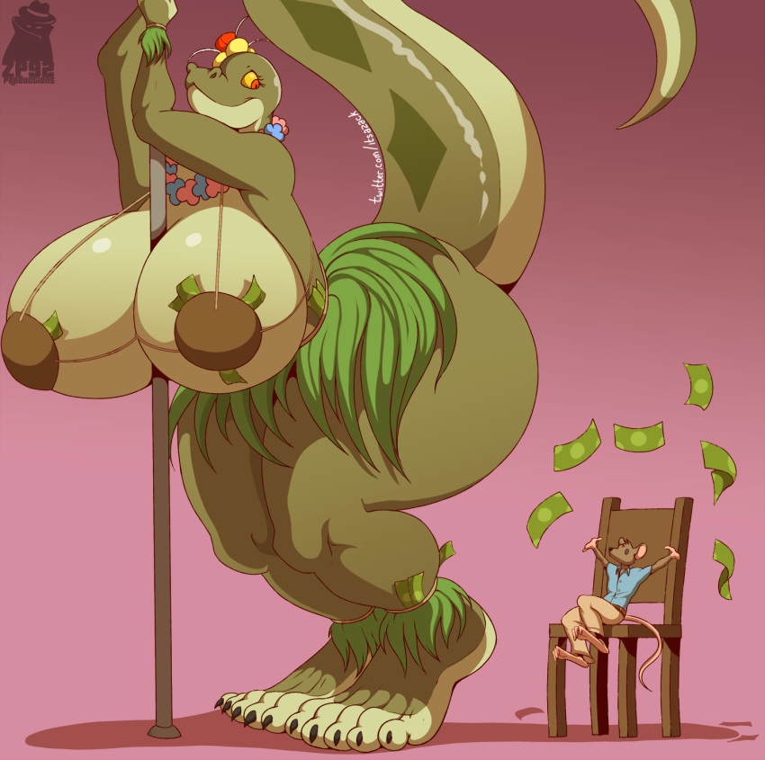 5_toes anaconda anthro big_breasts big_butt boa_(snake) boinae breasts butt chair claws coconut_bra dancing duo female flower_on_head furniture gradient_background grass_skirt hi_res huge_breasts larger_female lei male male/female mammal margret_stalizburg money mouse murid murine non-mammal_breasts pole pole_dancing raised_tail reptile rodent scalie simple_background sitting size_difference smaller_male snake thick_thighs toe_claws toes zp92