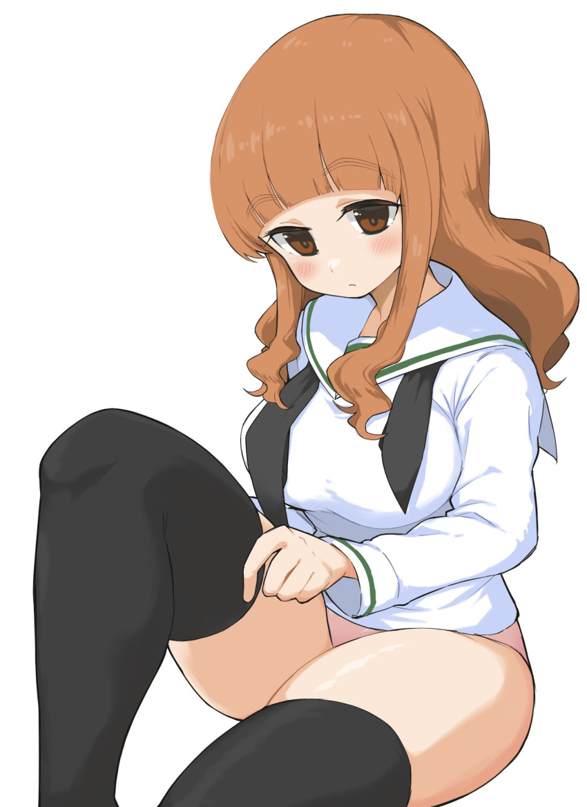 1girl adjusting_clothes adjusting_legwear bangs black_neckwear blouse blunt_bangs blush eyebrows_visible_through_hair girls_und_panzer half-closed_eyes highres light_frown long_hair long_sleeves neckerchief no_pants ooarai_school_uniform orange_eyes orange_hair panties pink_panties sailor_collar school_uniform serafuku simple_background sitting skindentation solo takebe_saori thighhighs underwear undone_neckerchief white_background white_blouse white_sailor_collar yabai_gorilla