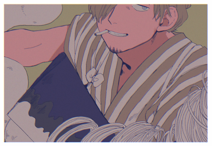 1boy arm_up blue_eyes cigarette cigarette_butt cleaver close-up cooking cutting film_grain food hel22 highres kitchen_knife looking_at_viewer noodles one_piece robe sanji simple_background smile soba solo