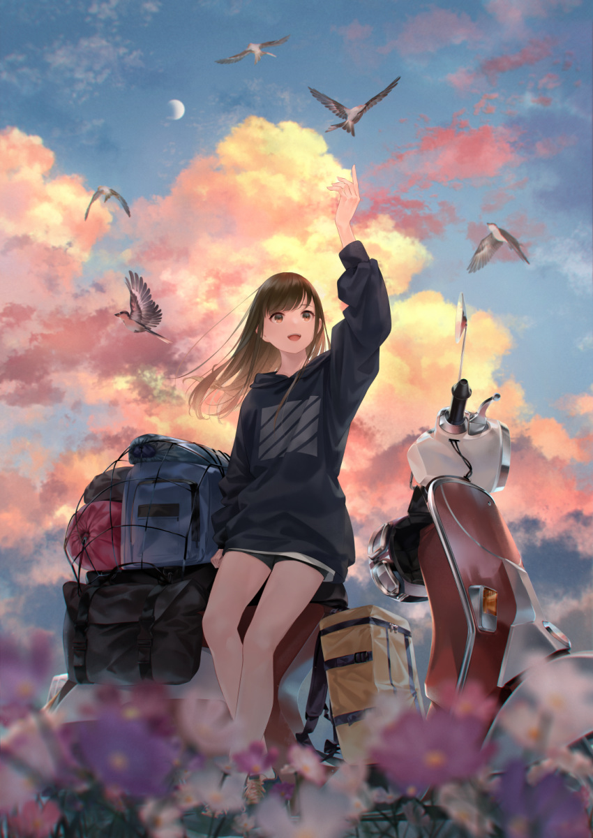 1girl :d animal arm_up bag bangs bare_legs bike_shorts bird black_shorts black_sweater blurry blurry_foreground brown_eyes brown_hair cloud cloudy_sky commentary_request crescent_moon day depth_of_field dress eyebrows_visible_through_hair flower ground_vehicle headwear_removed helmet helmet_removed highres long_hair luggage md5_mismatch moon moped motor_vehicle open_mouth original outdoors purple_flower resolution_mismatch revision shorts sky smile solo source_larger sousou_(sousouworks) standing sweater sweater_dress swept_bangs