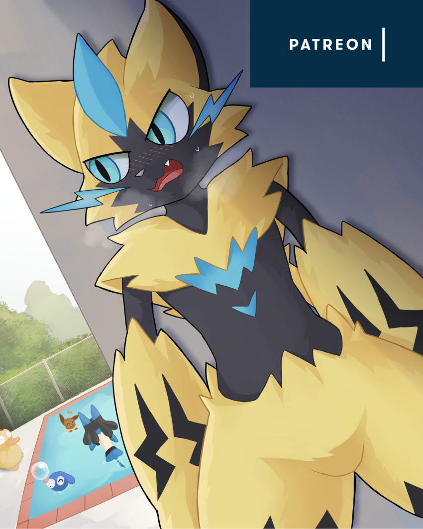 2020 4:5 absurd_res anthro blush bodily_fluids breath bubble detailed_background eevee emanata featureless_crotch fur group hi_res huka legendary_pok&eacute;mon lucario male nintendo open_mouth outside partially_submerged patreon pok&eacute;mon pok&eacute;mon_(species) popplio psyduck shaded sweat sweatdrop swimming_pool video_games water whiskers yellow_body yellow_fur zeraora