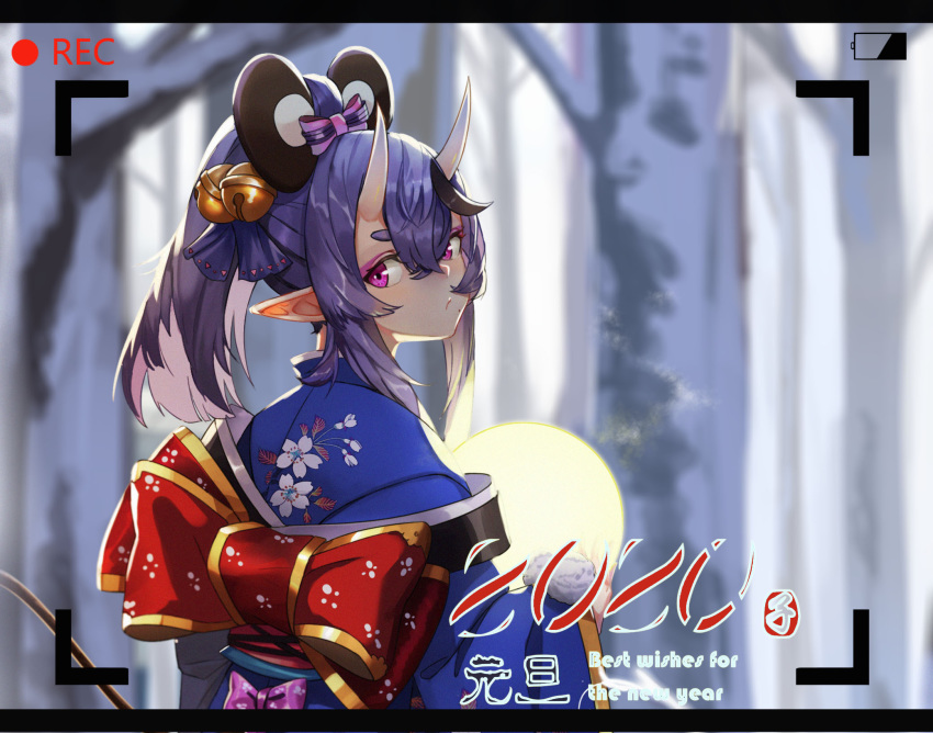 1girl 2020 :/ animal_ears back_bow bell black_hair blush bow chinese_zodiac english_text fake_animal_ears floral_print gold_trim hair_bell hair_between_eyes hair_bow hair_ornament highres horns japanese_clothes jingle_bell kimono lavender_hair long_hair looking_at_viewer looking_back mole mole_under_mouth mouse_ears multicolored_hair new_year nijisanji obi oni oni_horns pointy_ears pom_pom_(clothes) ponytail pov print_kimono purple_eyes recording rindou_mikoto sash short_eyebrows sidelocks skin-covered_horns solo streaked_hair super_h2o thick_eyebrows upper_body viewfinder virtual_youtuber wide_sleeves year_of_the_rat