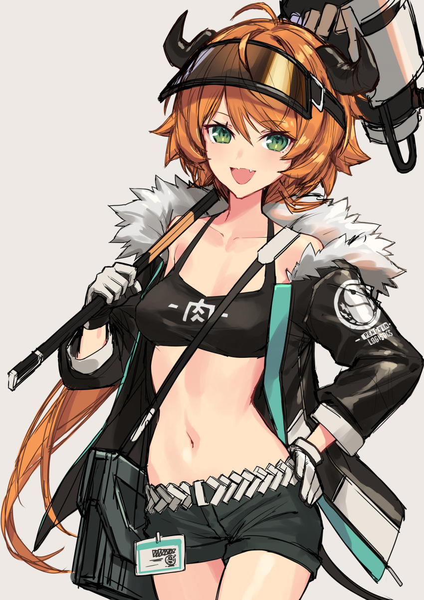 1girl :d ahoge arknights bag belt black_jacket black_shorts black_tank_top breasts cleavage collarbone commentary cow_horns cowboy_shot croissant_(arknights) crop_top eyebrows_visible_through_hair fangs fur-trimmed_jacket fur_trim gloves green_eyes grey_background hair_between_eyes hand_on_hip highres holding holding_weapon horns jacket long_hair looking_at_viewer medium_breasts midriff navel open_clothes open_jacket open_mouth orange_hair over_shoulder penguin_logistics_logo ponytail short_shorts shorts shoulder_bag sigm@ simple_background sledgehammer smile solo strap tank_top translated visor_cap weapon weapon_over_shoulder white_gloves