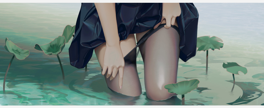 1girl black_legwear chinese_commentary commentary_request highres lifted_by_self lily_pad original pantyhose qizhu reference_work school_uniform skirt skirt_lift wading water_surface