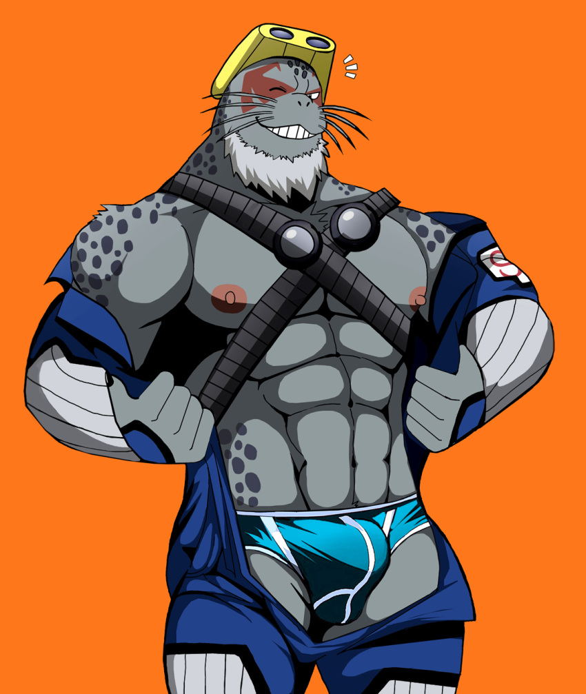 abs anthro beard bearlovestiger13 biceps body_gear bulge clothing eyewear facial_hair goggles goggles_on_head hi_res looking_at_viewer male mammal marine muscular muscular_anthro muscular_male my_hero_academia nipples one_eye_closed pinniped seal selkie_(my_hero_academia) solo underwear undressing whiskers wink