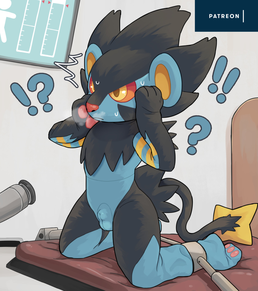 ! 2020 ? ?! absurd_res anthro ball_bulge bed bodily_fluids bound bulge clothing_transformation furniture hi_res huka inside kneeling legs_tied luxray male nintendo patreon pok&eacute;mon pok&eacute;mon_(species) red_sclera solo sweat sweatdrop transformation video_games yellow_eyes