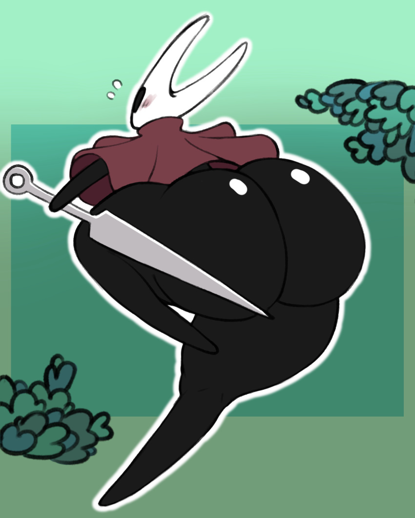 2019 angstrom anthro arthropod big_butt biped blush bottomless butt butt_focus cloak clothed clothing digital_media_(artwork) embarrassed fecharis female hi_res hollow_knight hornet_(hollow_knight) huge_butt mostly_nude needle_(disambiguation) rear_view solo team_cherry thick_thighs video_games weapon