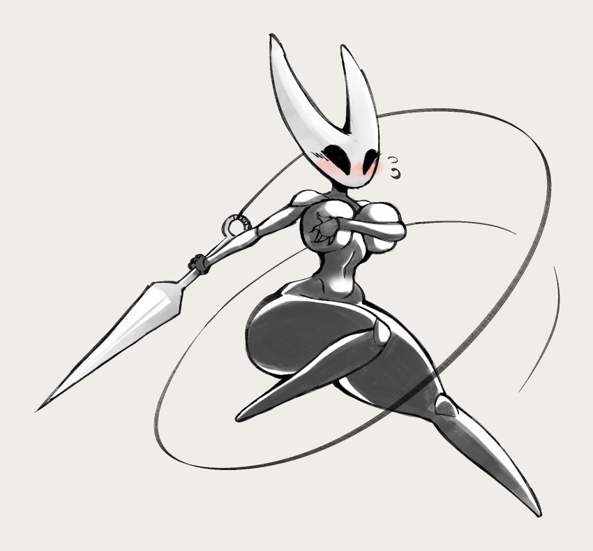 2019 angstrom anthro arthropod big_breasts biped blush breasts covering covering_breasts covering_self curvy_figure digital_media_(artwork) embarrassed fecharis female grey_background hi_res hollow_knight hornet_(hollow_knight) navel needle_(disambiguation) non-mammal_breasts nude simple_background solo team_cherry thick_thighs thread video_games voluptuous weapon wide_hips