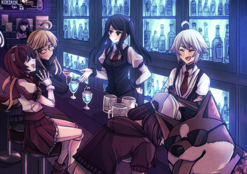 021_shiro 5girls ahoge alma_armas android bar bar_stool bartender beer_mug black_hair blonde_hair bottle brown_eyes brown_hair brown_skirt closed_eyes cocktail_glass counter cropped_hoodie cup cyberpunk cyborg dana_zane dog dorothy_haze drinking_glass drunk frilled_skirt frills hawaiian_shirt highres hood hood_down indoors jill_stingray joints long_hair long_sleeves mechanical_hands mechanical_parts mug multiple_girls necktie nib_pen_(medium) over-rim_eyewear pleated_skirt prosthesis prosthetic_arm purple_sweater rad_shiba red_neckwear robot_joints semi-rimless_eyewear shiba_inu shirt short_hair short_sleeves sitting skirt stool streaming-chan sunglasses sweater traditional_media twintails va-11_hall-a white_hair white_shirt