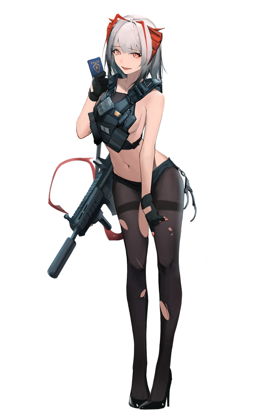 1girl arknights bare_shoulders black_legwear breasts chinese_commentary commentary_request contrapposto eyyy fingerless_gloves full_body gloves gun hair_intakes high_heels highres looking_at_viewer medium_hair navel pantyhose police_badge red_eyes rifle sideboob silver_hair solo suppressor w_(arknights) weapon white_background white_hair