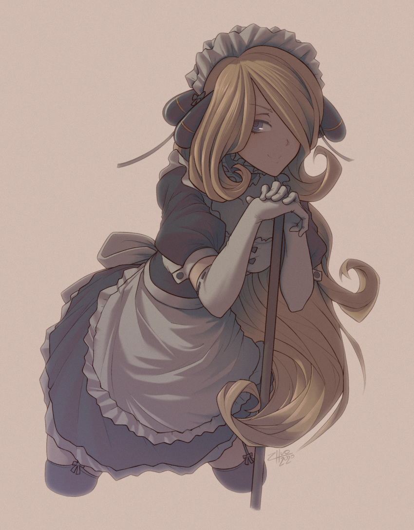 1girl alternate_costume apron backlighting black_legwear blonde_hair breasts commission cropped_legs elbow_gloves enmaided garter_straps gloves hair_ornament hair_over_one_eye hands_together highres juliet_sleeves leaning_forward long_hair long_sleeves maid maid_headdress pokemon pokemon_(game) pokemon_dppt puffy_sleeves shirona_(pokemon) smile solo thighhighs waist_apron white_gloves zhvo