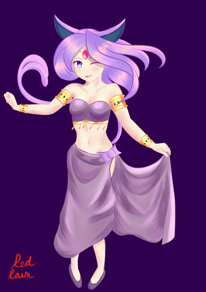 2020 alternate_species armlet bare_shoulders bottomwear bracelet breasts circlet clothed clothing crop_top eeveelution espeon female footwear forked_tail full-length_portrait fully_clothed hair hi_res humanoid humanoidized jewelry light_skin long_hair midriff navel nintendo one_eye_closed pok&eacute;mon pok&eacute;mon_(species) portrait purple_background purple_clothing purple_eyes purple_hair purple_theme redrain shirt shoes signature simple_background skirt slit_skirt smile solo standing strapless_clothing tassels topwear video_games wink