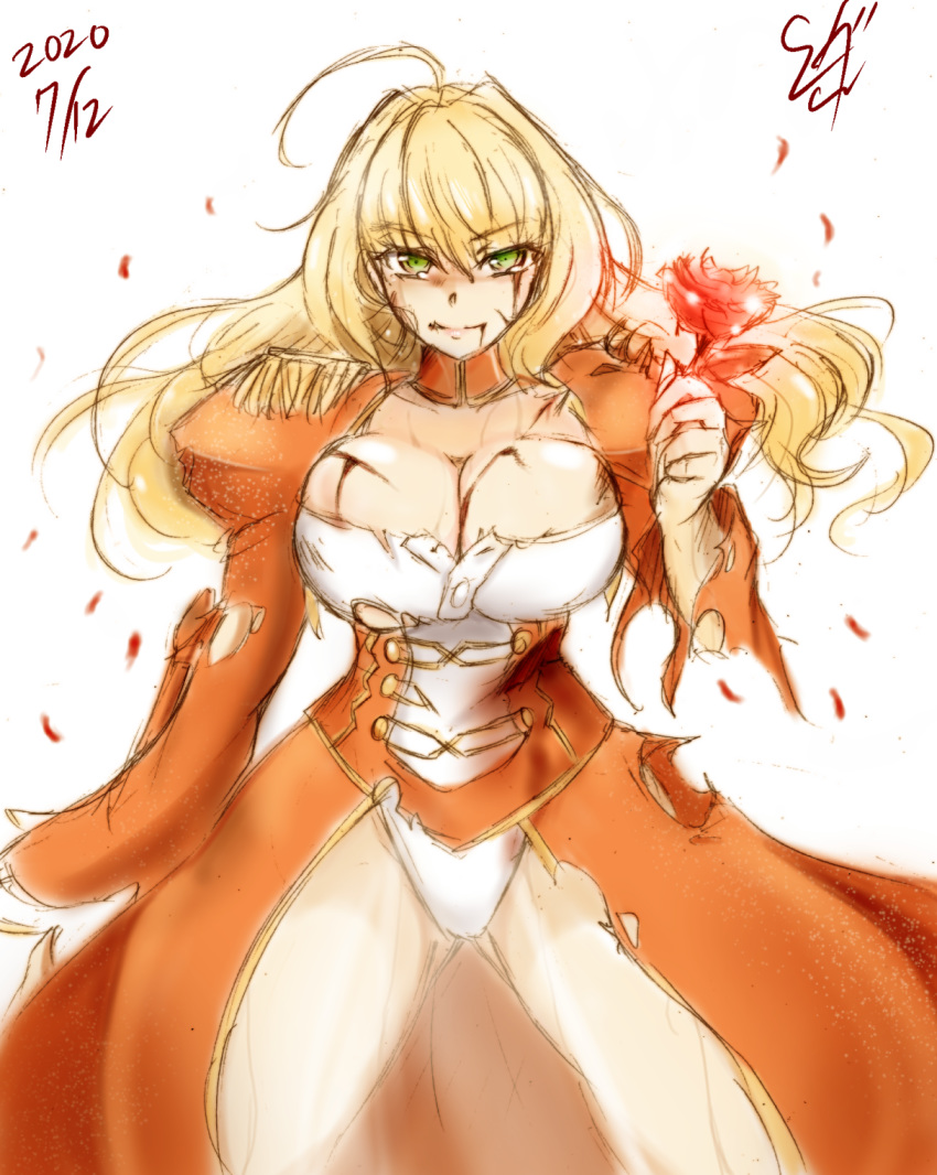 1girl 2020 ahoge alternate_hairstyle ass_visible_through_thighs blonde_hair blood breasts dated epaulettes fate/grand_order fate_(series) flower graphite_(medium) hair_intakes highres large_breasts long_hair looking_at_viewer mechanical_pencil nero_claudius_(fate) nero_claudius_(fate)_(all) pencil puffy_sleeves rose see-through solo suga_leon torn_clothes traditional_media wide_sleeves wind