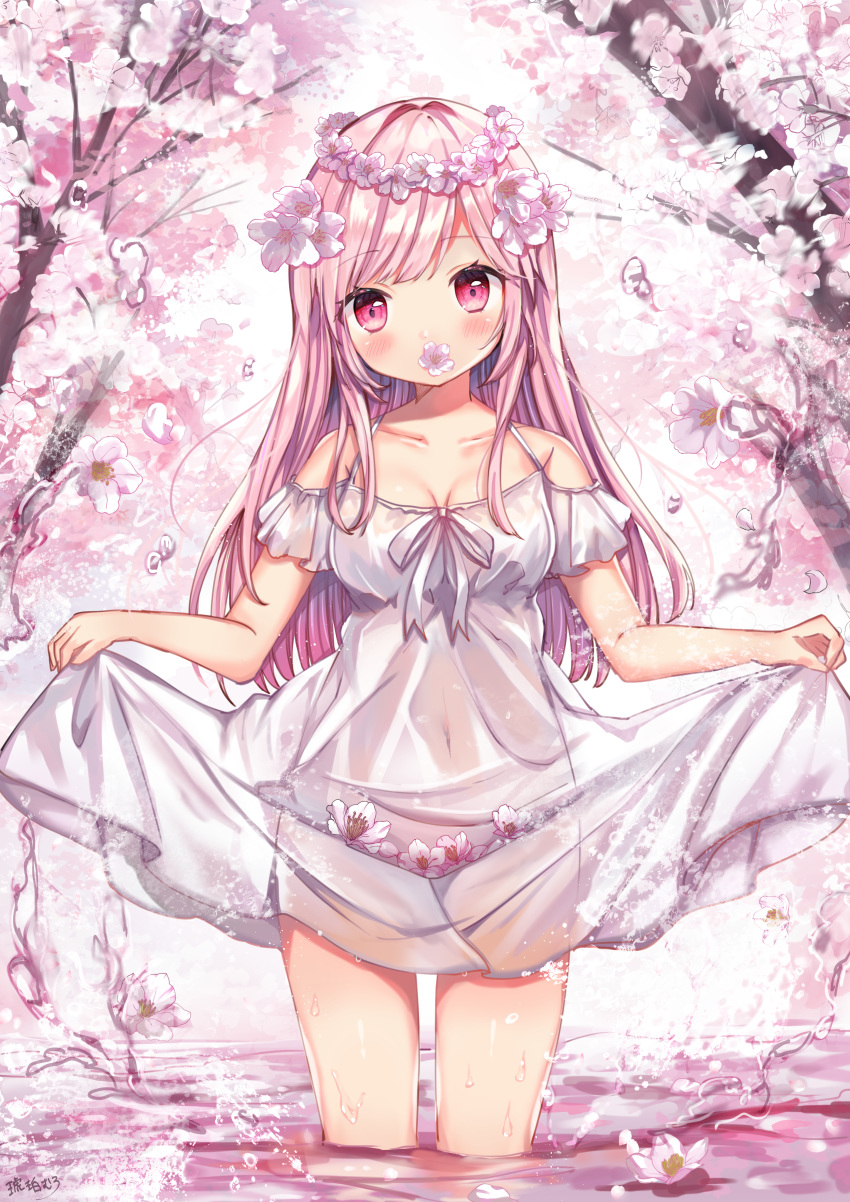 1girl absurdres bare_shoulders blush breasts collarbone commentary covered_navel dress flower flower_in_mouth flower_wreath head_wreath highres huge_filesize kohaku_muro long_hair medium_breasts navel off-shoulder_dress off_shoulder original pink_flower pink_hair red_eyes see-through short_sleeves signature skirt_basket skirt_hold solo standing symbol_commentary tree very_long_hair wading water white_dress white_flower