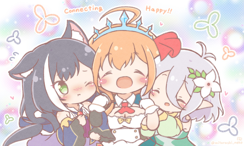 3girls :d ;t ^_^ ahoge animal_ear_fluff animal_ears antenna_hair bare_shoulders black_hair blush blush_stickers breasts brown_hair cat_ears cat_tail cleavage closed_eyes closed_mouth commentary_request detached_sleeves dress english_text flower girl_sandwich gloves green_eyes green_sleeves hair_flower hair_ornament heart highres karyl_(princess_connect!) kokkoro_(princess_connect!) locked_arms long_hair long_sleeves low_twintails medium_breasts mitarashi_neko_(aamr7853) multicolored_hair multiple_girls nose_blush one_eye_closed open_mouth pecorine pointy_ears princess_connect! princess_connect!_re:dive puffy_long_sleeves puffy_sleeves purple_skirt sandwiched shirt silver_hair skirt sleeveless sleeveless_dress sleeveless_shirt smile streaked_hair tail tiara twintails wavy_mouth white_dress white_flower white_gloves white_hair white_shirt