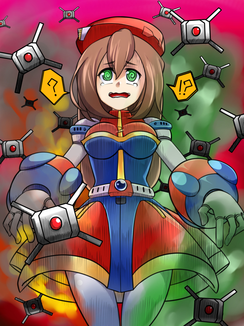 1girl armor brown_hair confused explosive eyebrows_visible_through_hair fire green_eyes hat highres iris_(rockman_x) long_hair mine_(weapon) poison rockman rockman_x rockman_x_dive scared smoke sora_roxas tears