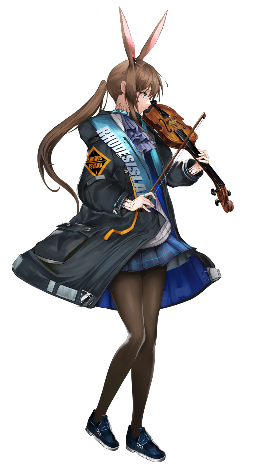 1girl absurdres amiya_(arknights) animal_ears arknights ascot brown_hair bunny_ears frilled_ascot frills highres holding holding_instrument hood hood_down hooded_jacket instrument jacket jewelry multiple_rings music neck_ring nevin_(flyskying) open_clothes open_jacket playing_instrument ring thighlet thumb_ring violin violin_bow