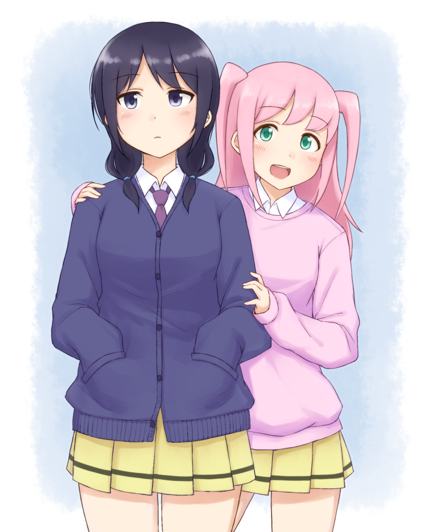 2girls :d blue_background blue_cardigan cardigan collared_shirt commentary_request cowboy_shot expressionless green_eyes hand_on_another's_arm hand_on_another's_shoulder hands_in_pockets highres mohya multiple_girls nemoto_hina open_mouth pink_sweater pleated_skirt purple_eyes purple_neckwear school_uniform shirt single_stripe skirt smile sweater tamura_yuri watashi_ga_motenai_no_wa_dou_kangaetemo_omaera_ga_warui! white_shirt