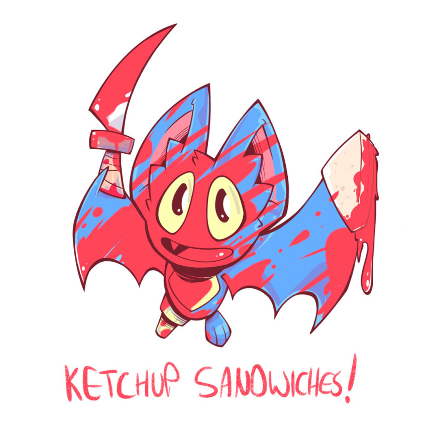 1:1 adorabat anthro blue_body blue_fur bread cartoon_network chibi chiropteran english_text female food fur humor ketchup knife mammal mao_mao:_heroes_of_pure_heart mhazaru_(artist) pegleg sandwich_(disambiguation) solo text