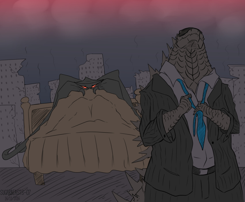 2016 after_sex anthro bed black_body blush claws clothed clothing detailed_background duo fangs female furniture godzilla godzilla_(series) hi_res kaiju male male/female muto_(godzilla) necktie red_eyes romantic_couple spikes tentacles toho vipery-07