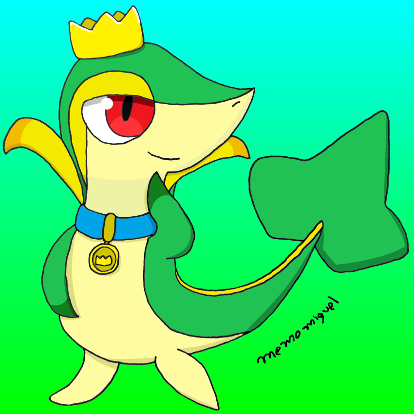 1:1 ambiguous_gender collar crown fan_character feral gradient_background green_body green_skin hi_res looking_away medallion memomiguel nintendo pok&eacute;mon pok&eacute;mon_(species) red_eyes reptile scalie simple_background smile snake snivy solo video_games yellow_body yellow_skin