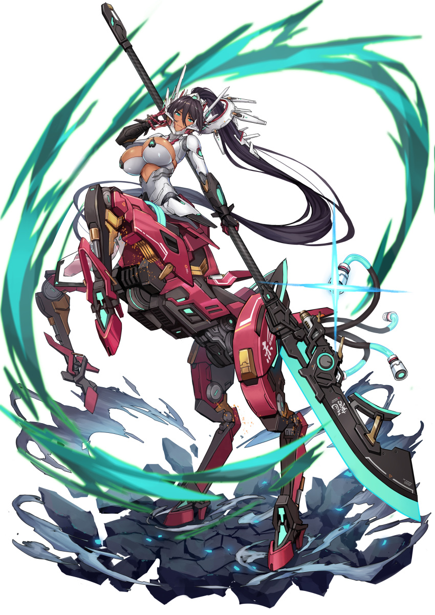 1girl absurdres aqua_eyes armor bangs breasts brown_hair centaur cleavage commentary_request dark_skin eyebrows_behind_hair full_body hair_between_eyes headgear high_ponytail highres holding_polearm ji_dan joints large_breasts long_hair looking_at_viewer mecha_musume mechanical_legs original polearm robot_joints rubble sidelocks simple_background smile solo sparkle sparks standing tachi-e tail very_long_hair weapon white_armor white_background