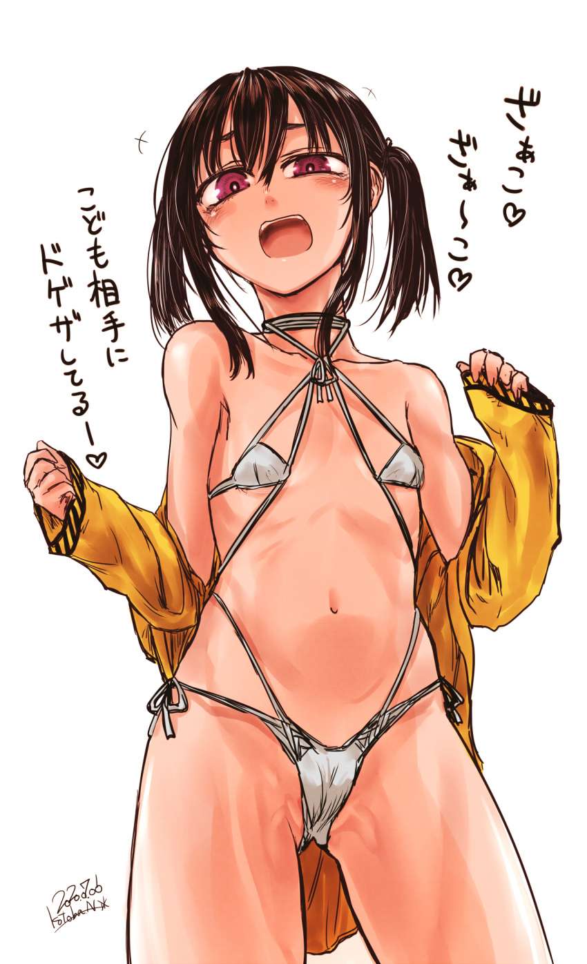 1girl bare_shoulders bikini blush breasts brown_hair cameltoe cowboy_shot criss-cross_halter dated halterneck highres jacket kotoba_noriaki looking_at_viewer navel off-shoulder_jacket open_mouth original pink_eyes purple_eyes revealing_clothes signature simple_background sleeves_past_wrists slingshot_swimsuit small_breasts solo standing swimsuit translation_request twintails white_background white_bikini yellow_jacket