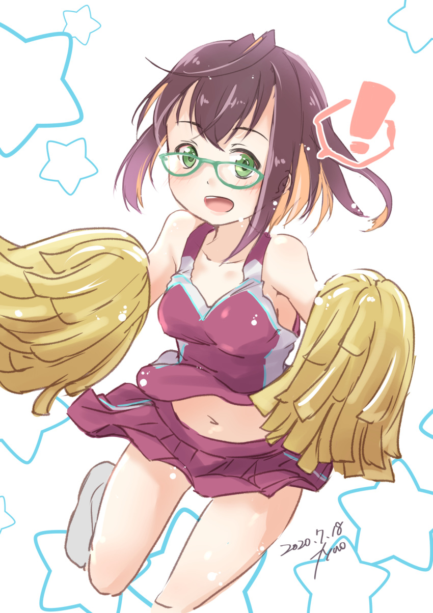 ! 1girl alternate_costume black_hair blue-framed_eyewear cheerleader commentary_request dated fyuo glasses green_eyes highres kantai_collection multicolored_hair navel okinami_(kantai_collection) pink_hair pleated_skirt pom_poms purple_skirt purple_tank_top short_hair signature skirt solo spoken_exclamation_mark starry_background tank_top white_background