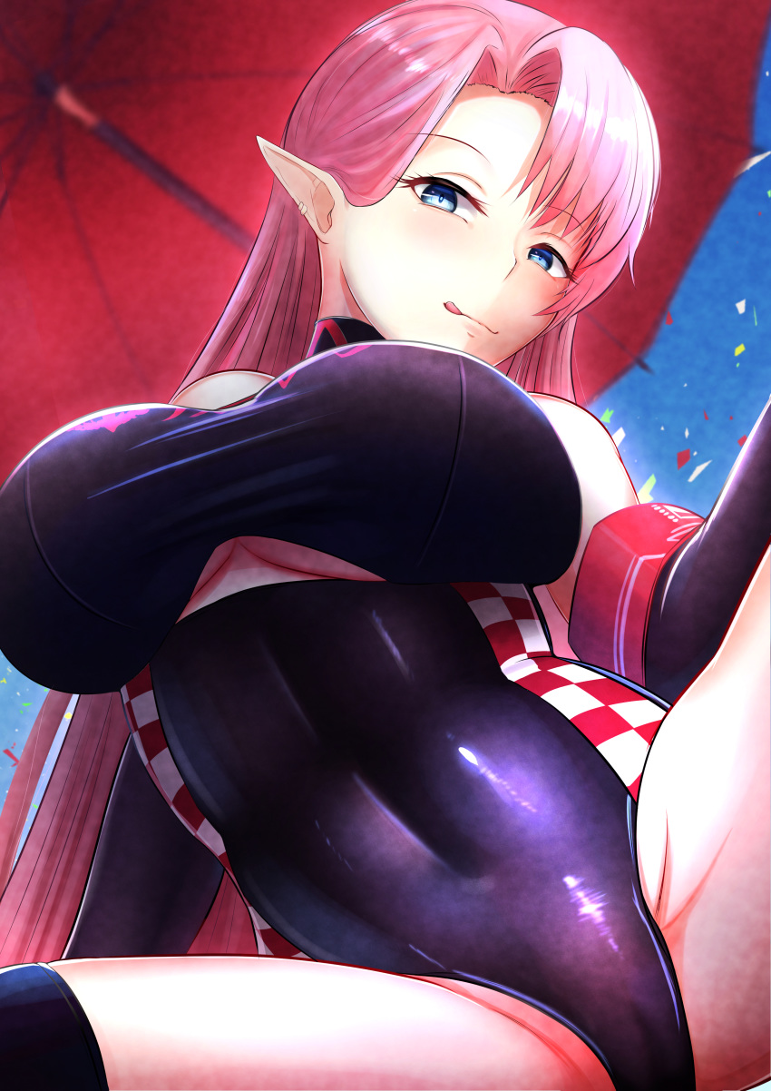 1girl absurdres azur_lane black_gloves black_legwear black_leotard blue_eyes breasts cameltoe commentary_request duke_of_york_(azur_lane) duke_of_york_(prestige_of_the_glorious_formula)_(azur_lane) elbow_gloves from_below gloves guchagucha highres leotard licking_lips light_blush long_hair looking_at_viewer purple_hair race_queen red_umbrella solo thighhighs tongue tongue_out umbrella underboob underboob_cutout very_long_hair